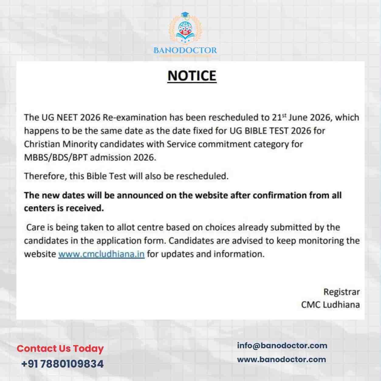 CMC Ludhiana UG Bible Test 2026 Rescheduled