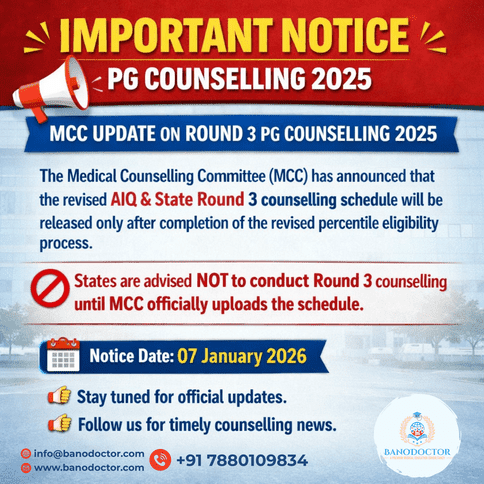 MCC to Release Revised AIQ & State PG Counselling Round 3 Schedule After Percentile Update