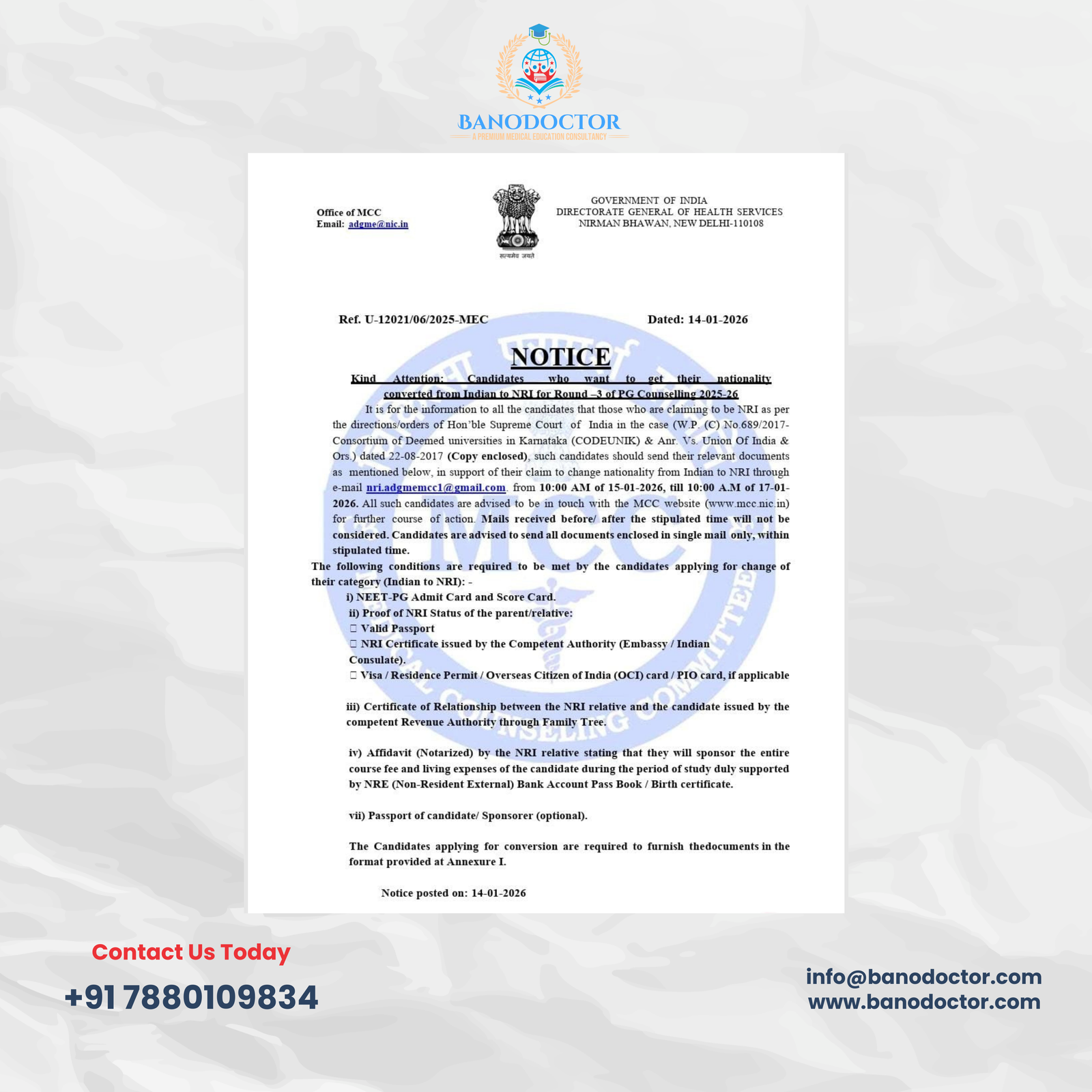 MCC Releases Important Notice for NRI Category Conversion for NEET PG 2025–26 Counselling